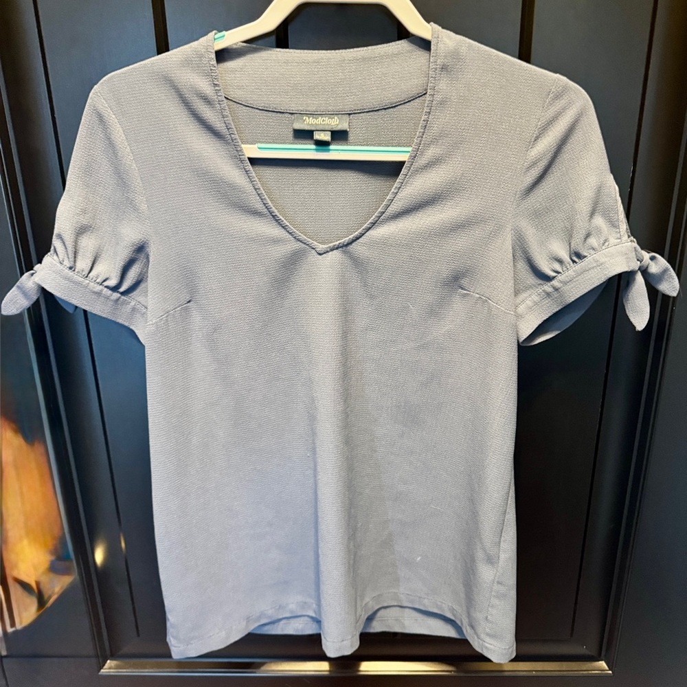 Modcloth Light Gray V-Neck Top with Tie Sleeves